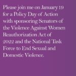 Angelina Jolie Instagram – Please join me on January 19 for a Policy Day of Action with sponsoring Senators of the Violence Against Women Reauthorization Act of 2022 and the National Task Force to End Sexual and Domestic Violence. 

VAWA addresses domestic violence, sexual assault, dating violence, and stalking holistically by funding prevention, services, and training.

Since VAWA was passed in 1994, the rate of domestic violence in the U.S. has decreased by 63% and spousal homicides have decreased by 50%.

VAWA is a bipartisan bill that strengthens protections for survivors, invests in abuse prevention and in families and communities, and saves lives.

Virtual Rally (Jan 19 | 12:15pm ET)
Twitter Storm Toolkit (Jan 19 | 1:00pm ET)
Links in bio

#VAWA #VAWA4ALL