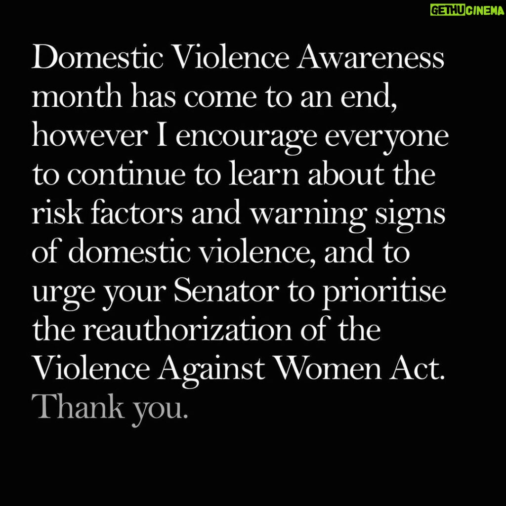 Angelina Jolie Instagram - As Domestic Violence Awareness month comes to an end, I encourage everyone to learn about the risk factors and warning signs of domestic violence, to check in on any family members or friends you might be concerned about, to support (if you can) your local domestic violence shelter, and to urge your Senator to prioritise the urgent reauthorization of the Violence Against Women Act. #DVAM #DVAM2021 #VAWA4All