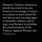 Angelina Jolie Instagram - As Domestic Violence Awareness month comes to an end, I encourage everyone to learn about the risk factors and warning signs of domestic violence, to check in on any family members or friends you might be concerned about, to support (if you can) your local domestic violence shelter, and to urge your Senator to prioritise the urgent reauthorization of the Violence Against Women Act. #DVAM #DVAM2021 #VAWA4All