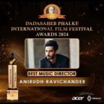 Anirudh Ravichander Instagram - Honoured to have received the Dadasaheb Phalke IFF award - Best Music Director 2024 for #Jawan🙏🏻 Thank you jury, fans and music lovers ❤️