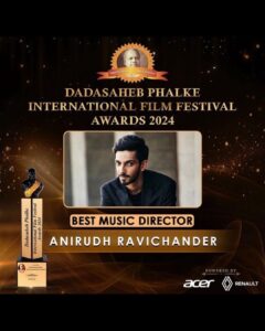 Anirudh Ravichander Instagram - Honoured to have received the Dadasaheb Phalke IFF award - Best Music Director 2024 for #Jawan🙏🏻 Thank you jury, fans and music lovers ❤️