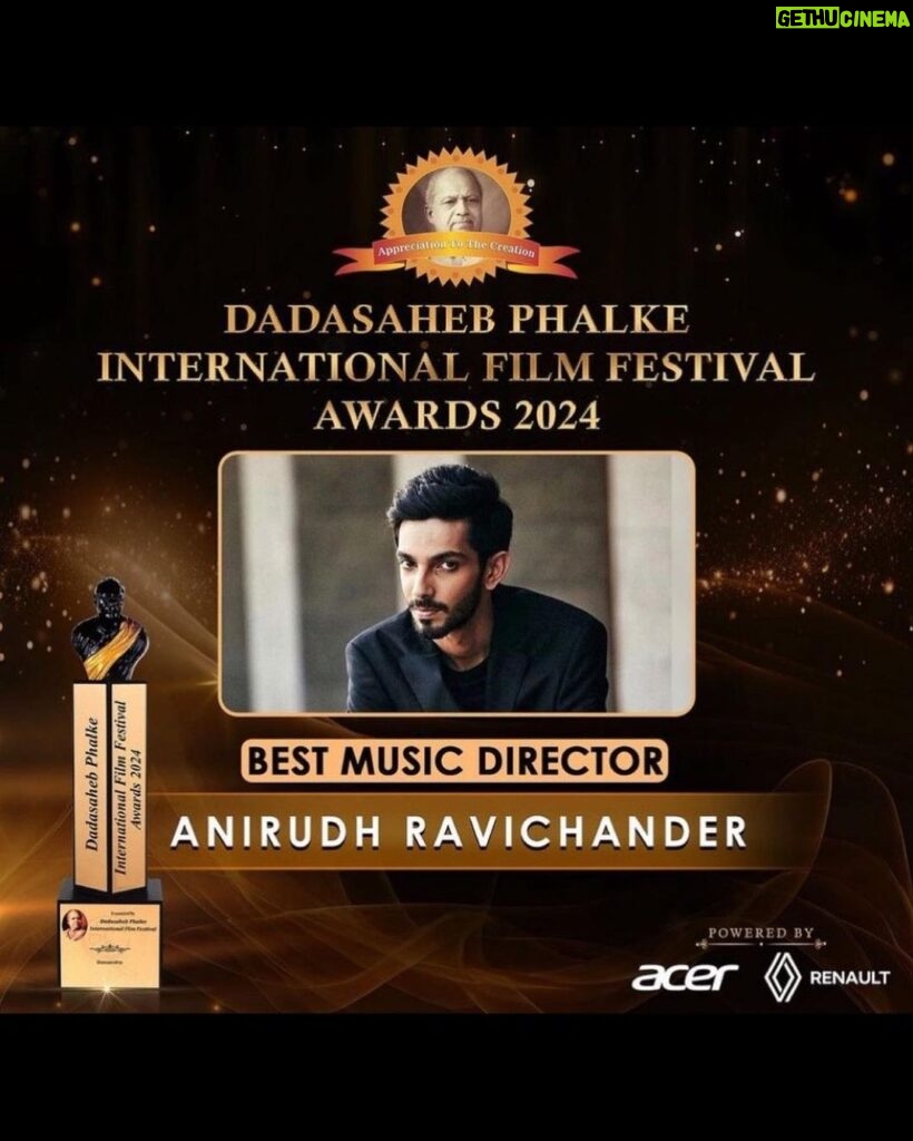 Anirudh Ravichander Instagram - Honoured to have received the Dadasaheb Phalke IFF award - Best Music Director 2024 for #Jawan🙏🏻 Thank you jury, fans and music lovers ❤