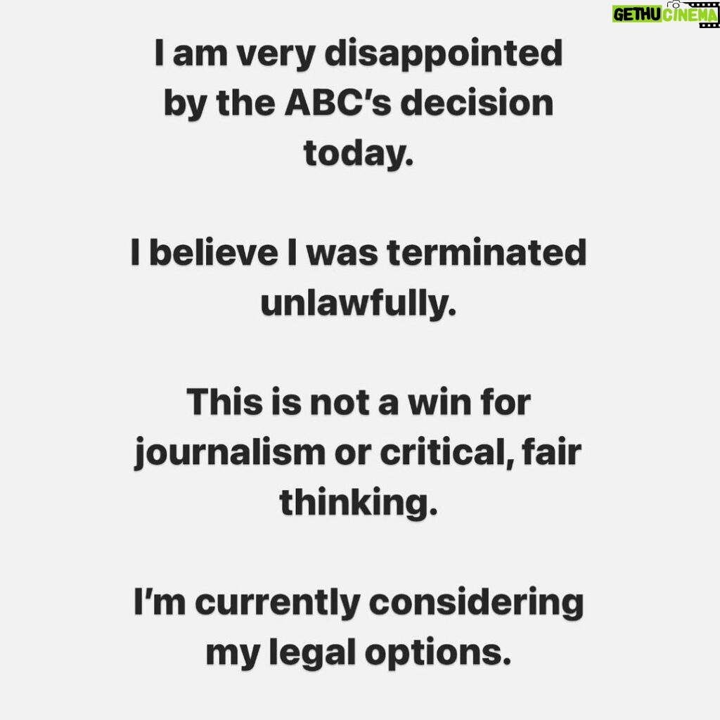 Antoinette Lattouf Instagram - I am very disappointed by the ABC’s decision today. I believe I was terminated unlawfully. This is not a win for journalism or critical, fair thinking. I’m currently considering my legal options.