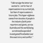 Antoinette Lattouf Instagram - Testimonies from journalists who didn’t - or couldn’t - sign the letter calling for greater scrutiny in the reporting of the violence unfolding in the Middle East. There were too many responses to include all of them but you get the idea. They come from journos in TV, print and online newsrooms, across both commercial and public broadcasters. The aim with sharing these is to give you a glimpse of the pressure some journalists are under and to make it clear that even though many didn’t sign the letter publicly, they support the letter privately.