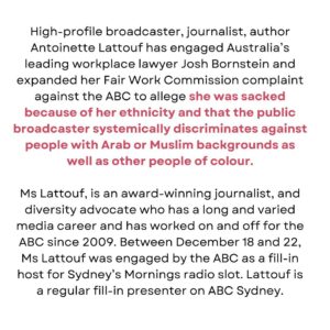 Antoinette Lattouf Instagram - A statement from one of my lawyers Josh Bornstein @mauriceblackburnlawyers and I.

I’m very fortunate to be supported and represented by a formidable team that includes Josh and also Sarah Ibrahim of @central.lawyers 

#nofearnofavour