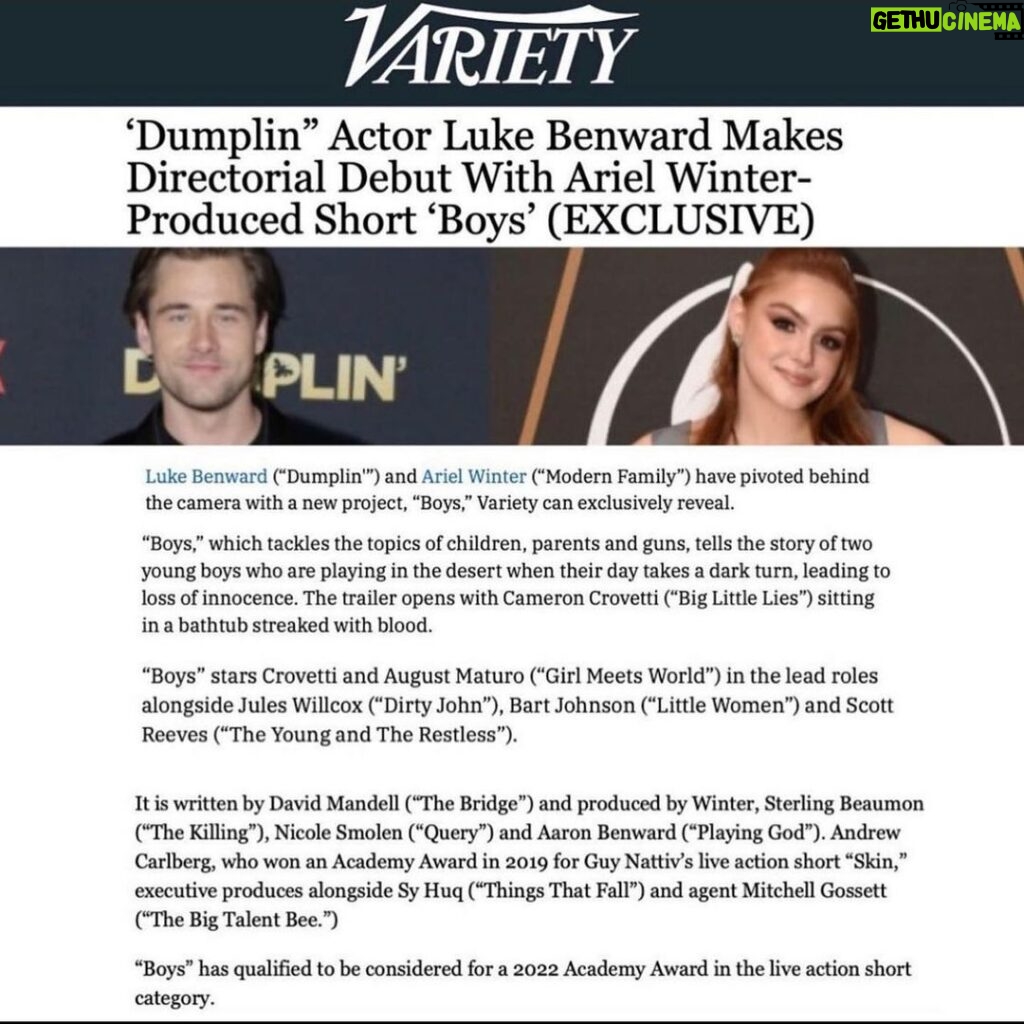 Ariel Winter Instagram - #FYC #ForYourConsideration Thank you so much @variety ❤️🥂I am so insanely proud of what our amazing team has created, and we are beyond honored by the recognition/support from festivals such as @lashortsfest @hollyshorts @flickers.riiff @sjisff @newportbeachfilmfest and many more. Thank you and congratulations to every single person who helped create Boys, we would not be in this position without you. Thank you to our lead actors @cameroncrovetti & @augustmaturo for bringing your immense talent and passion to this project. Thank you to our INCREDIBLE (first time!!!!!!!) director @labenward for leading your team with ease and grace while expertly crafting your vision. I can’t wait for more to get to see it ❤️ Congratulations to our entire Boys team❤️ #fyc #academy #foryourconsideration #liveactionshortfilm #producer #variety #shortfilm #shortfilms #boys #aaronbenward Los Angeles, California