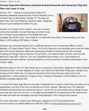 Armand Assante Instagram - Actor Armand Assante attends the USO Gala Celebration in Chicago October 22 2018 in Support of all Branches of US Military Service. 
_

The Actor is Honored this past week by County Executive Steven Neuhaus with a Tributary American Flag that was flown over Neuhaus's Base Camp Keating in Iraq in acknowledgement of a care package sent by Assante to Troops stationed in the Middle East during their Tours. Neuhaus also presented Assante with a Certificate signed by Commanding Officer of Camp Keating U.S.Navy Captain Todd Perry. Neuhaus's deployment in Iraq has been in support of Operation Inherent Resolve, the U.S. Military Campaign against ISIS.
