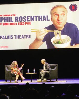 Ash London Instagram - When I was pregnant in lockdown, Adrian and I binged ‘Somebody Feed Phil’ and pretended we were travelling the world and eating glorious food like old times.

Last night I got the chance to host a conversation with our hero @phil.rosenthal, who reminded me that above all - people matter - and our lives are infinitely better when we share them! 

He also made us all laugh and it felt really bloody good.