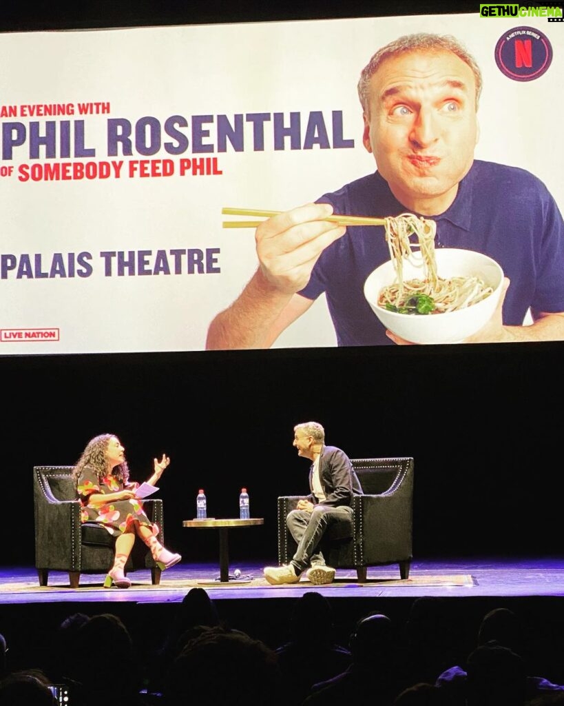 Ash London Instagram - When I was pregnant in lockdown, Adrian and I binged ‘Somebody Feed Phil’ and pretended we were travelling the world and eating glorious food like old times. Last night I got the chance to host a conversation with our hero @phil.rosenthal, who reminded me that above all - people matter - and our lives are infinitely better when we share them! He also made us all laugh and it felt really bloody good.
