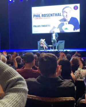 Ash London Instagram - When I was pregnant in lockdown, Adrian and I binged ‘Somebody Feed Phil’ and pretended we were travelling the world and eating glorious food like old times.

Last night I got the chance to host a conversation with our hero @phil.rosenthal, who reminded me that above all - people matter - and our lives are infinitely better when we share them! 

He also made us all laugh and it felt really bloody good.