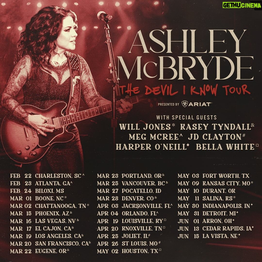 Ashley McBryde - 13.5K Likes - #TheDevilIKnowTour presented by @ariatinternational is just getting started... new spring dates have just been announced! As always, my Trybe members will have the first shot at tickets starting tomorrow at 10am local time. General onsale starts Friday! Can't wait to see all of your beautiful faces in even more cities. Let us know which show we'll see you at!
@willjonesofficial @kaseytyndall @megmcree @jdclaytonofficial @harperoneillmusic @bellawhitemusic