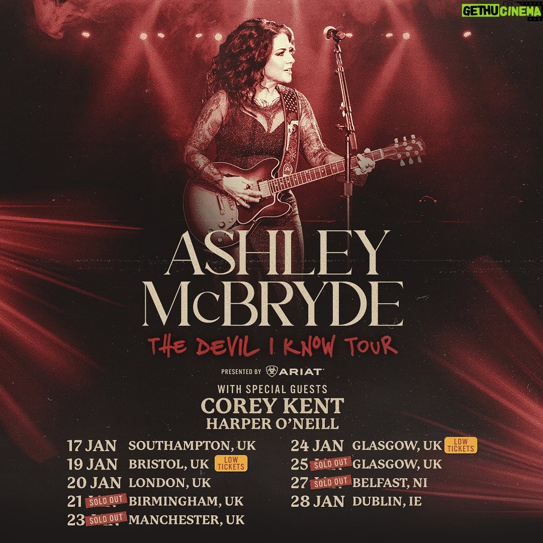 Ashley McBryde Instagram - Hot damn! 4 sold out shows in the UK & Ireland so far and the rest are selling fast, so be sure to go get those tickets! Can't wait to get back across the pond to play some music for y'all and introduce you to my friends @coreykent and @harperoneillmusic! #TheDeviliKnowTour