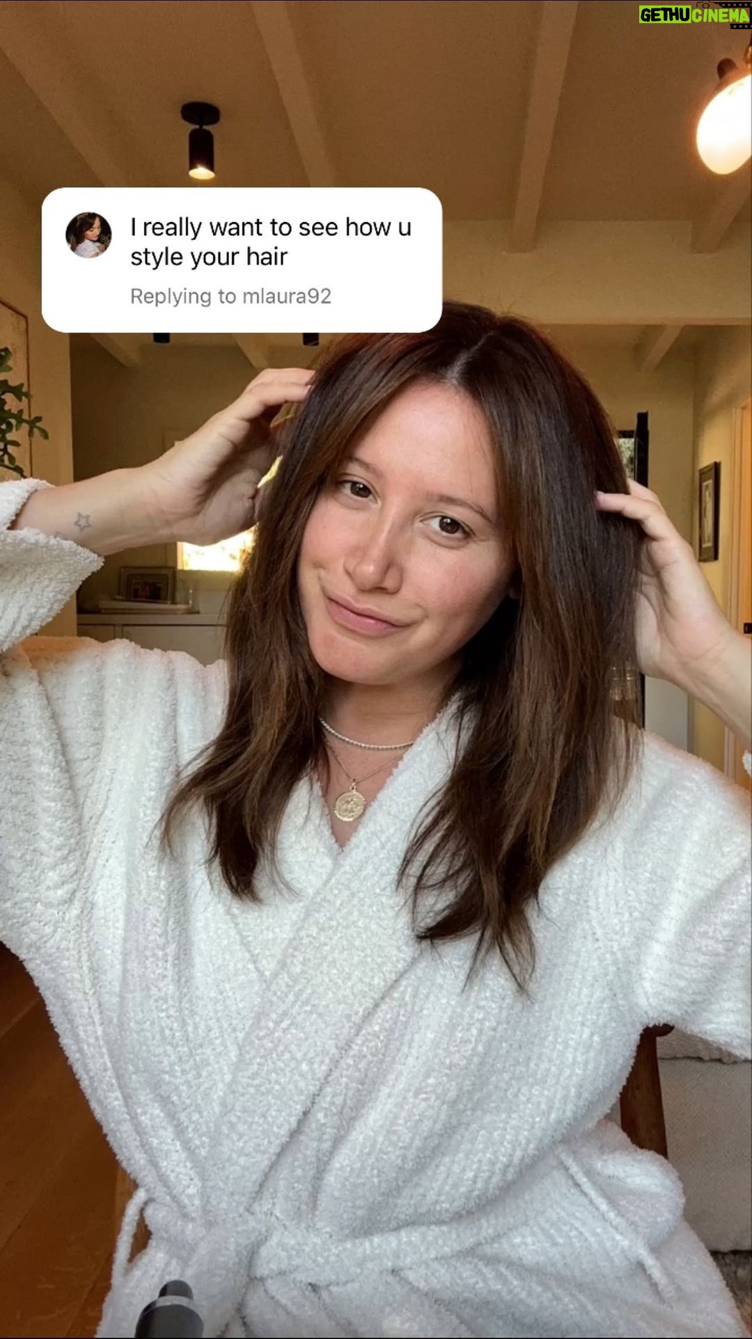 Ashley Tisdale Instagram - Here’s how I’ve been styling my hair lately! I’ve been loving this wavy look with a slight bend. Also, I’ve been growing out my bangs and it’s been a process to say the least! Let me know if you guys have any styling tips for growing them out 🤍