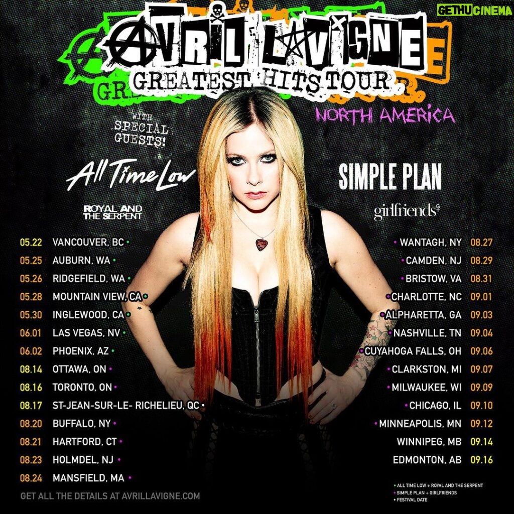Avril Lavigne Instagram - Tour dates for 2024 baby! I’ll be doing the Greatest Hits from all of my albums and along with some of your favorites, perhaps some special requests? And of course all of my friends are joining me!!! • @simpleplan - They toured with me on my very first tour, so its only fitting we are doing it again! • @alltimelow - My boys! We’ve been friends for a while now and have talked about trying to tour together for years, so glad we finally get to do it for real! • @royalandtheserpent and @girlfriends - two of my favorite artists that I can’t wait to bring out with me. This is gonna be too much stupid fun celebrating my career with my friends and fans. Who’s coming???? What songs do you want to hear??? Tickets on Sale Friday at 10 am local. Make sure you are following me on TikTok or signed up for my email list to get first access to tickets.