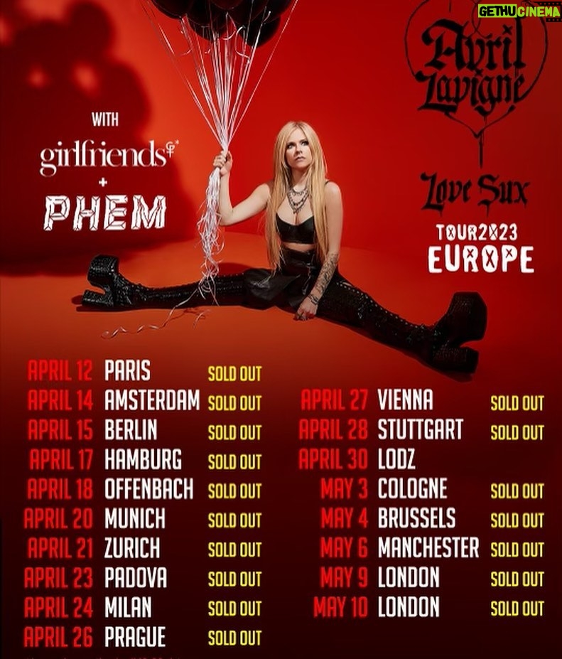 Avril Lavigne - 755K Likes - 2 weeks till the EUROPE tour. LFG!! What songs do you guys want to hear live? 🖤🧡🖤🧡