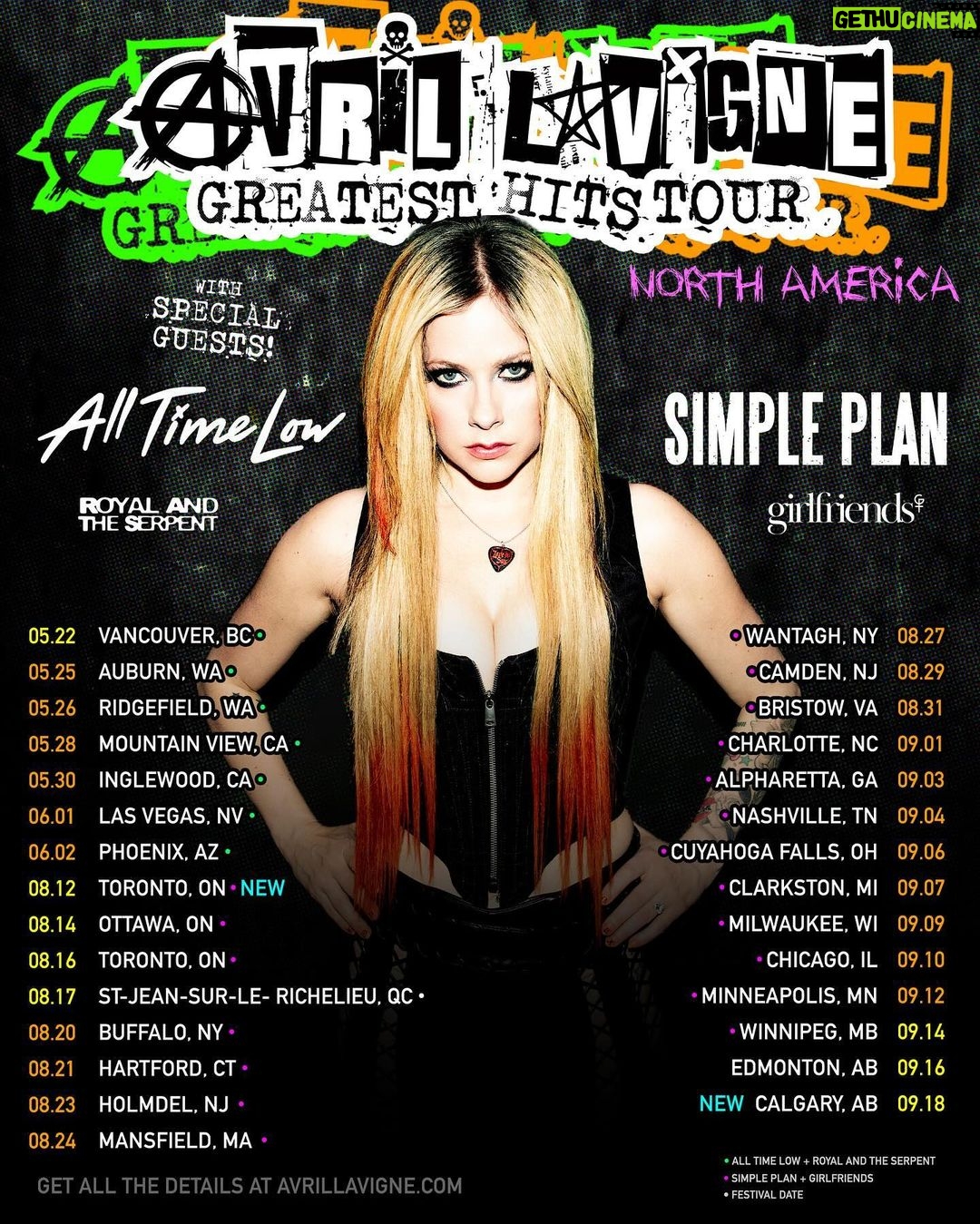 Avril Lavigne Instagram - Tickets are officially on sale TODAY!!! And Iโm bringing my friends @alltimelow, @simpleplan, @royalandtheserpent, and @girlfriends! Shows are selling out so we just added 2 new shows in Toronto & Calgary ๐๐๐งก๐ค New show details below: Aug 12 - Toronto, ON @ Scotiabank Arena Sep 18 - Calgary, AB @ Scotiabank Saddledome Presale - Wednesday Jan 31 at 10am local time Onsale - Thursday Feb 1 at 10am local time