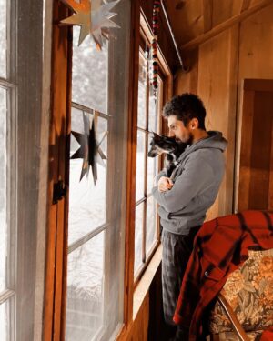 Azim Rizk Instagram - At peace at @eastwicksociety 
.
.
.
.
.
.
.
#cabin #cabinlife #dogsofinsta #snow #love #peace #snuggles #renovation #1930s #1920s