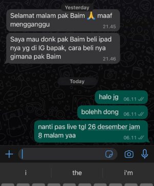 Baim Wong Instagram - Geblek bener,mendadak nge hang hp gua semalem ! 
Semua minta ipad 😂🤣

26 Desember 2023, jam 8 malem bakal live di Shopee!
Ini bukan iklan yaaa 😎

Awas ya dijadiin penipuan2 lagii 😭😭
Dosa lu yg nipu2 pake nama guaa! 
Minta maap sini.
Ga minta maap, di akhirat gua kaga maapin lu !!! 
Pilih mana ? 😇