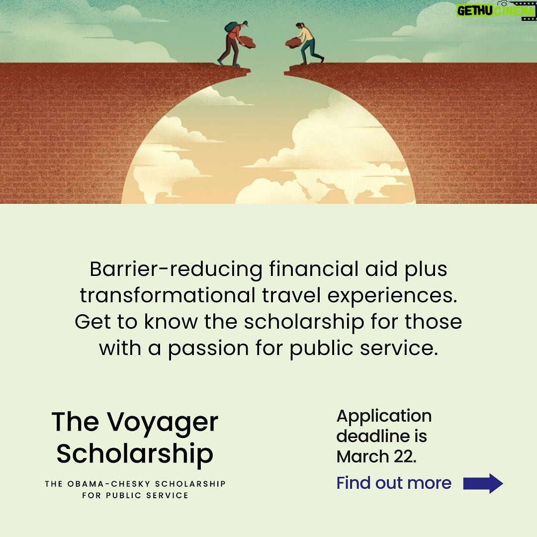 Barack Obama Instagram - @BChesky, @MichelleObama, and I created The Voyager Scholarship to support young leaders looking to pursue careers in public service. This scholarship gives college students up to $50,000 in financial aid to help them pay back student loans, provides meaningful travel experiences to expand their horizons, and connects them with a network of mentors and leaders they can turn to for support. If you're a rising college junior in the United States, I hope you'll apply by this Wednesday, 3/22. Visit the link in my bio to get started.