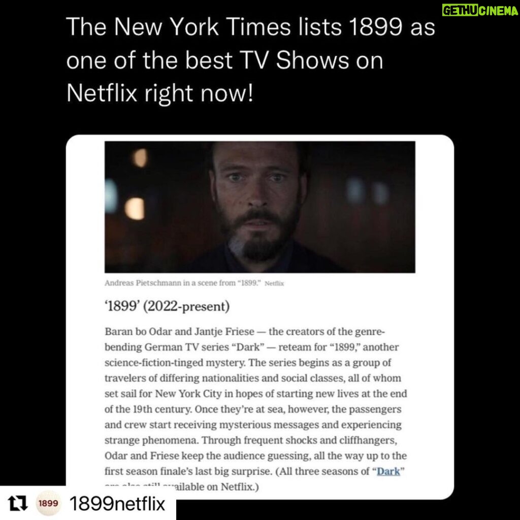 Baran bo Odar Instagram - The New York Times lists 1899 as one of the best TV shows on Netflix right now! It’s also on top of their list. Thank you!!! @netflix1899 @netflix @netflixde #1899netflix