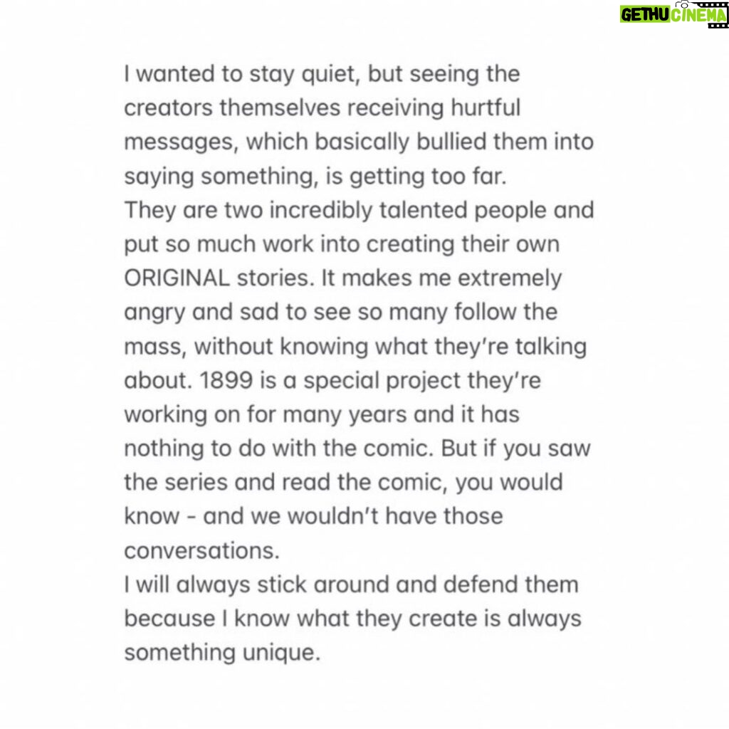 Baran bo Odar Instagram - Thank you @1899netflix for these kind words. They mean a lot to us. As I already mentioned in my previous post: Unfortunately we don‘t know the artist, nor her work or the comic. we would never steal from other artists as we feel as artist ourselves. We also reached out to her so hopefully she takes back these accusations. the internet became a weird place. please more love instead of hate. thx. bo