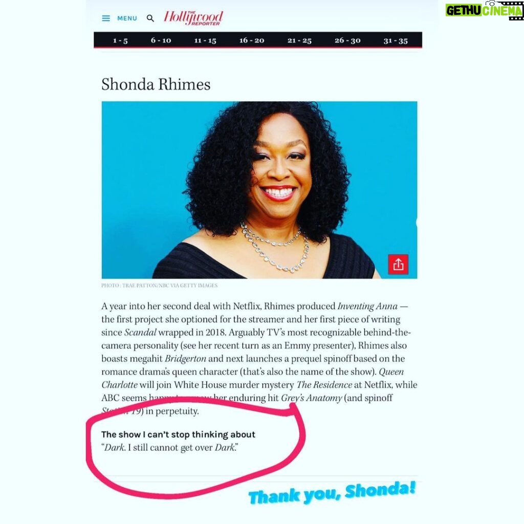 Baran bo Odar Instagram - Shonda Rhimes in the Hollywood Reporter: „The show I can‘t stop thinking about… Dark, I still can not get over Dark.“