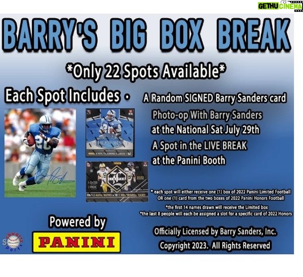 Barry Sanders Instagram - We are excited to unveil #BarrysBigBreak powered by @PaniniAmerica - Click below for details, and stay tuned for a chance to win one of the spots in the break. #SchwartzSports @DetroitLions @nfl @nflpa @nsccshow https://schwartzsportsmemorabilia.com/shop/product/barrys-big-box-break-courtesy-of-panini/