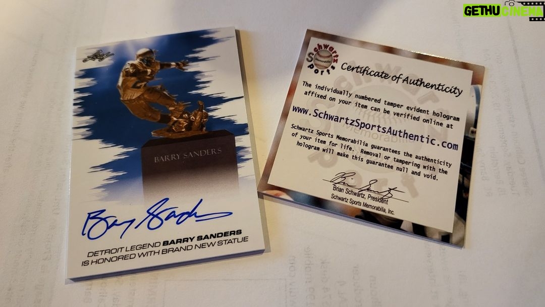 Barry Sanders Instagram - My buddies at @leaftradingcards made only 220 of these special cards for my Statue ceremony. Most went to my family, but I pulled out 10 to giveaway leading up to my #SchwartzSports signing on 10.28.23 - Share and Like this post & follow us both for a chance to win. #SandersSponsors #win #giveaway