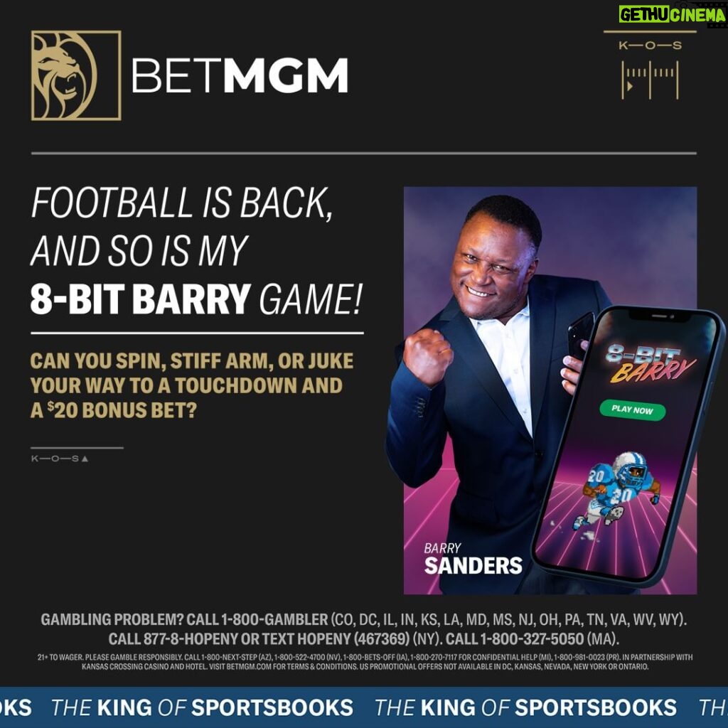 Barry Sanders Instagram - Time for another #SandersSponsors giveaway. 8-Bit Barry is back with @betmgm - Spin, Stiff arm and Juke your way to a chance for a free $20 bet. Share this link https://t.co/2PaGU5zp0P and follow us both for a chance to win a signed @paniniamerica card. #Win #giveaway #entertowin