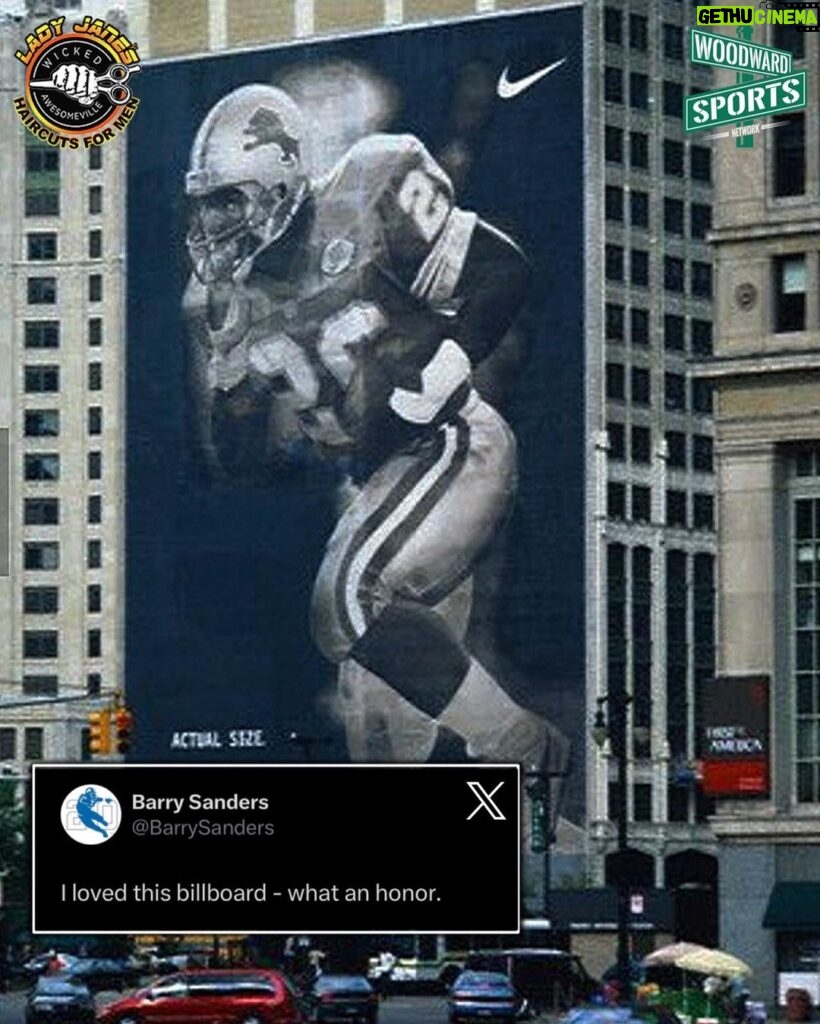 Barry Sanders Instagram - The Cadillac Tower x Barry Sanders mural was larger than life and loved by the 🐐 himself. #OnePride