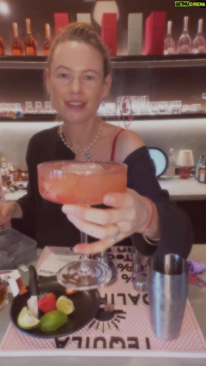 Behati Prinsloo Instagram - It’s been a minute since I had a cocktail but figured Valentine’s Day was the perfect time to bring back out my Calirosa. Make a Rosa Picante with me. @fleurdumalnyc Lingerie is optional but highly recommended ❤️🔥 xx Behati Calirosa Rosa Picante🍓 2oz Calirosa ‘Rosa Blanco’ Tequila 0.5oz Fresh Lime Juice 0.5oz Agave Syrup 1 Muddled Strawberry 2 Dashes Hellfire Bitters or Jalapeño Directions: Muddle strawberry in shaker. Combine all other ingredients into a shaker tin with ice. Shake. Double strain into glass over fresh ice and garnish with a strawberry slice.