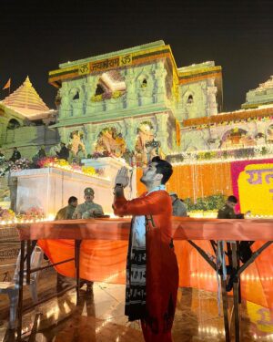 Bhavin Bhanushali Instagram - 22-01-2024. The day our ancestors fought for. The day that came after 500 years. Can’t be more happy to be at Ram mandir Ayodhya on this day❤️ Jay Shree Ram 🚩 Jay Jay Garvi Hindu 🚩 
Outfit by: @bhanu.designer 
#jaishreeram #ayodhya #rammandir
