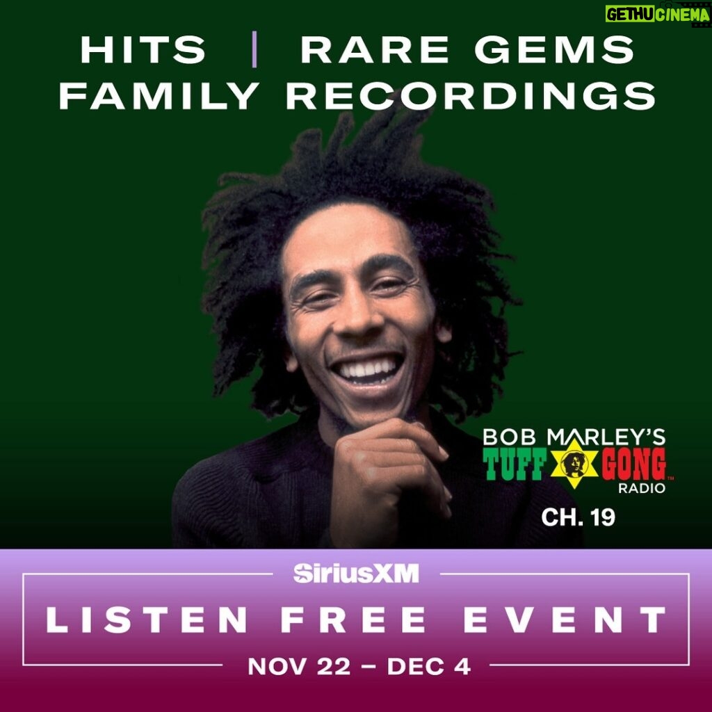 Bob Marley Instagram - @siriusxm’s #ListenFree event is on NOW 📻🎶 Tune in to Bob Marley's @TuffGongRadio and more to kick off your holiday season. Just turn the radio on in your car to listen free. Happening now through December 4. 🔗 web version available at link in story.