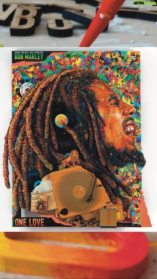 Bob Marley Instagram - Epic art to match Bob Marley's epic vibes! ❤️ Really proud to have been part of this amazing collaboration with @paramountpics and @onelovemovie for such a great movie. Get tickets now at @onelovemovie ’s link in bio and see it in theatres everywhere starting tomorrow! Thanks for your help @strongerthanarhyme #AD #OneLoveMovie #BobMarleyMovie #Exodus #BobMarley Painting acrylic on wood, cardboard, plaster, turntable, vinyls, discman CD player, … 52"×44" (140x110cm) 2024 Paris, France