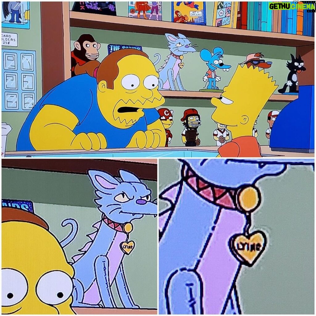 Brian K. Vaughan Instagram - Sorry, already bragged about this in my “stories,” but finally got to watch the actual episode, and I wanted to thank Executive Producer Matt Selman and everyone @thesimpsons for this lifetime achievement. Couldn’t be more proud that something Fiona and I created gets to share shelf space at The Android’s Dungeon. This is the only Saga crossover we’ll ever allow, and Lying Cat now canonically exists in both universes (as does Poochie). #yesstillworkingonnewissues #thanksforyourpatience #inanimatecarbonrod