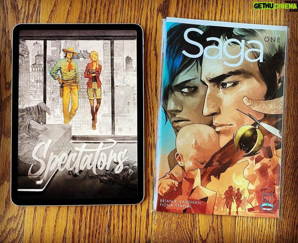 Brian K. Vaughan Instagram - SPECTATORS, my N S F W new serialized graphic novel with @niko_henrichon just released its first 125 pages, and to celebrate, we’re giving away TWO copies from my private nerd collection of one of the rarest comics of the modern era, the “retailer variant” of SAGA 1 by @fionastaples. Two lucky winners will each get a copy AND an invaluable page of Niko’s hand-painted original art from SPECTATORS. For more details, just head over to Exploding Giraffe, located somewhere out there in cyberspace.