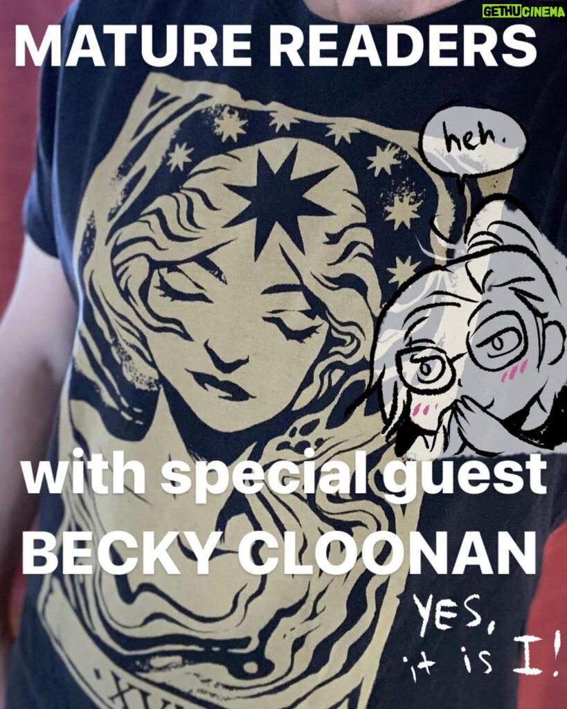 Brian K. Vaughan Instagram - Today! I’ll be chatting with one of my favorite creators of comics (and shirts), legendary writer/artist @beckycloonan. Listen in live at 3pm pacific to our conversation on the newest episode of my dumb podcast-thing Mature Readers. Link in bio, and I’ll be giving out more signed copies of SAGA to a few lucky listeners, so why not skip out of your job for an hour and join us? #beckycloonan #maturereaders #comics #jesusdoeseveryonehaveapodcast