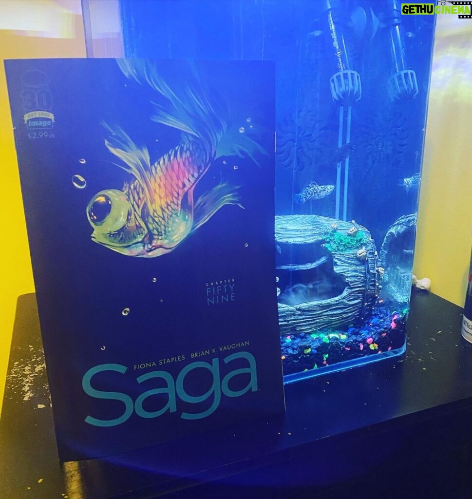 Brian K. Vaughan Instagram - At your local comic shop this week: SAGA 59! I love this cover from @fionastaples so much, and her interiors are somehow even MORE awesome. Giving away some signed copies at the link in my bio! Anyway, I’d like to dedicate this issue to Daughter K. Vaughan’s dearly departed fish Walter Junior Junior. Rest In Peace, WJJ. #saga #imagecomics #fish