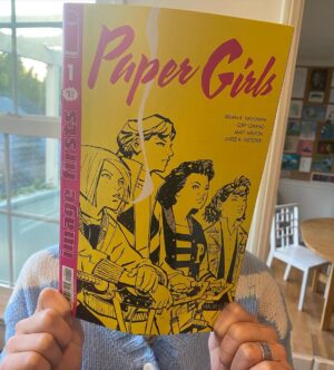 Brian K. Vaughan Instagram - In stores TODAY! If you were intrigued by the rad teaser for the upcoming PAPER GIRLS tv adaptation that @papergirlsonpv shared and want to sample our series, Image has got you covered with this new printing of our first issue for only a single damn dollar! But if a measly buck is still too rich for your blood, we’re also giving away some copies for FREE at the link in my bio. Plus, we’ve got a huge giveaway exclusively for you card-carrying members of the American Newspaper Delivery Guild, so head over to Exploding Giraffe to enter! #ANDG #papergirls #imagecomics #cliffchiang #amazonprimevideo #explodinggiraffe 💥 🦒