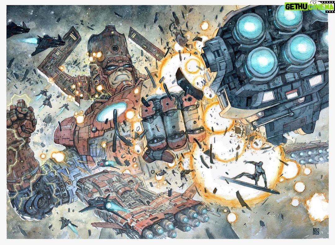 Brian K. Vaughan Instagram - My secret Silver Surfer history, exclusively at Exploding Giraffe today. Link in bio! 💥 🦒 Breathtaking image by SPECTATORS co-creator @niko_henrichon.