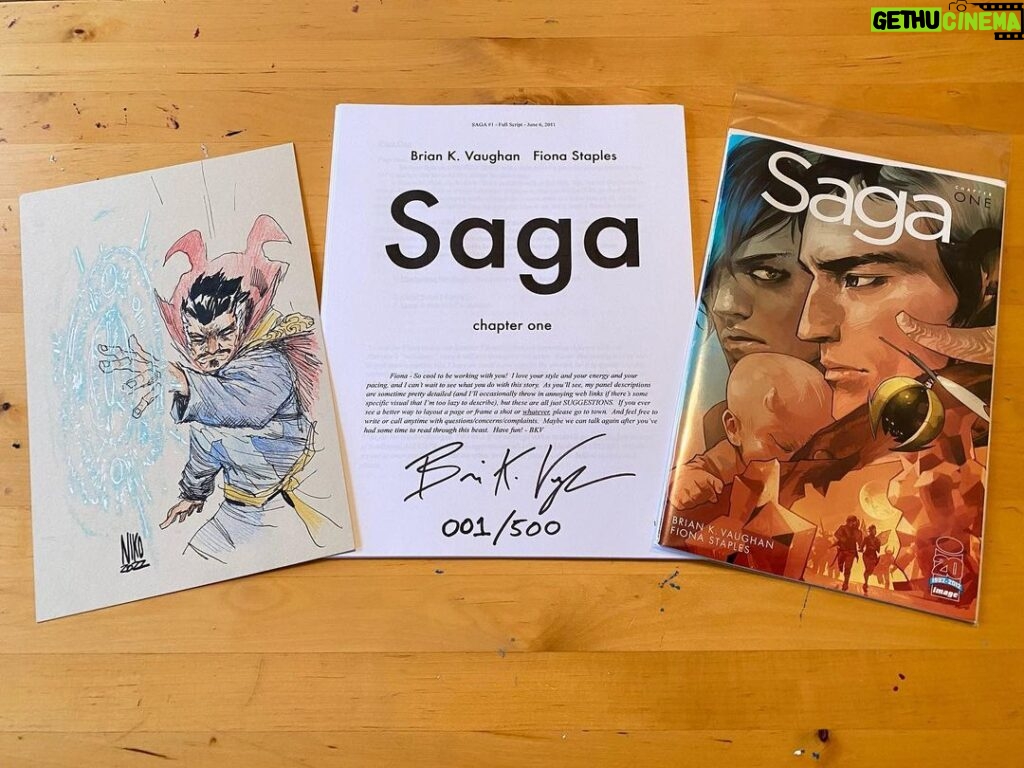 Brian K. Vaughan Instagram - Thanks so much for the kind words about last week’s new Saga, everybody. @fionastaples is absolutely on fire, huh? If you’re looking for something to read while waiting for the next issue, @niko_henrichon and I just released an assembled version of the first 30 pages of our new NSFW graphic novel SPECTATORS, which is always 100% free to read over at Exploding Giraffe (link in bio). Plus, this week’s dispatch reveals how you can win the extravagant prize package pictured above, AND features an update to the 2022 Creators for Creators thirty thousand dollar grant, which has just had its deadline extended to May 31st! Thanks for reading, and hope your afternoon is as lovely as the rainy one we’re enjoying here. 💥 🦒 #saga #spectators #doctorstrange #creatorsforcreators #shillingmywares