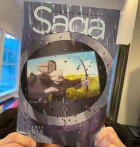 Brian K. Vaughan Instagram - New Saga this Wednesday! And if you want a sneak peek at some of the Fiona Staples glory beneath that heartbreaking cover, there’s a preview page in today’s dispatch at Exploding Giraffe (link you know where). And we have a new Reader Questionnaire in the back of Saga 56 exclusively for our beloved monthly audience, so thanks for supporting your local comic shop! #saga #imagecomics #tearsintherain