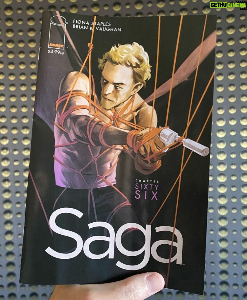 Brian K. Vaughan Instagram - In stores this week! Chapter 66 has some of the most jaw-dropping work yet from brilliant artist/co-author @fionastaples. Plus, exclusively in this issue’s “To Be Continued,” we finally reveal the winners of the latest Saga Costume Contest, announce our swell new line of merch, and share some exciting details about our schedule moving forward. This series is everything to us, so thanks very much for your endless patience and support! #saga #comics #bdsmcommunity