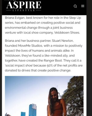 Briana Evigan Instagram - Thank you @lifestyling.co.za for the awesome article for the @moveme.studio and @veldskoenshoes social impact shoe. Click link in bio to get yours 🌏