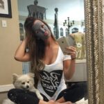 Brittany Thompson Martinez Instagram - Because it's #Friday and I dont give a #fudge oh, and I woke up like this 😜🙈👹thanks for my awesome #rebelhearts shirt from the amazing band @theshelters #theshelters #warnerbrothers you guys are the #BEST I'll be seeing you in #december #tompetty 💁🏻💃🏻😍🙏🏼 #facemask #friday #band #wokeuplikethis #halloween #pomeranian #dogsofig #furbaby