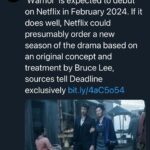 Bruce Lee Instagram - 🐉🚨WARRIOR - Based on the Writings of Bruce Lee - Seasons 1-3 will be on @netflix soon. LFG! 📺👀 Watch it. Rotten 🍅 93%, with an audience score of 96%. Then watch it again. And again. And again…let’s make the push for Season 4! 💥💥💥 #brucelee #warriormax @therealshannonlee @tropperj @justinlin @changstagrm @brandonlee @andrewkojigram @jsntbn @thatoliviacheng @dianneldoan @chelseamhead @langleykirkwood @joe_taslim @kieranbew @dustintringuyen @chenlovesyall @richtingworld @perryyungofficial @misterhoonlee