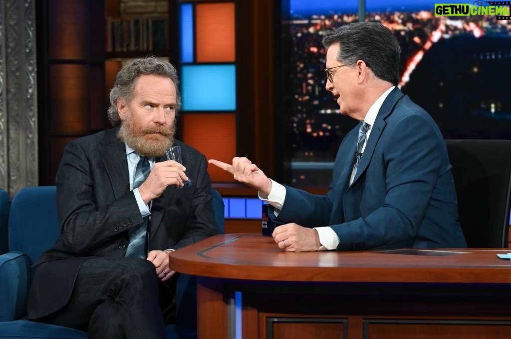 Bryan Cranston Instagram - Last night I chatted with @colbertlateshow, seen here explaining how he’d give me a rectal exam. I enjoyed ‘most’ of our conversation.