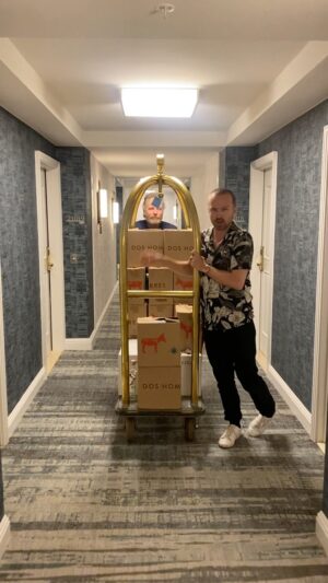 Bryan Cranston Instagram - Aaron told me he wanted to push some cases of @doshombres. I didn’t know he meant literally. 🥃