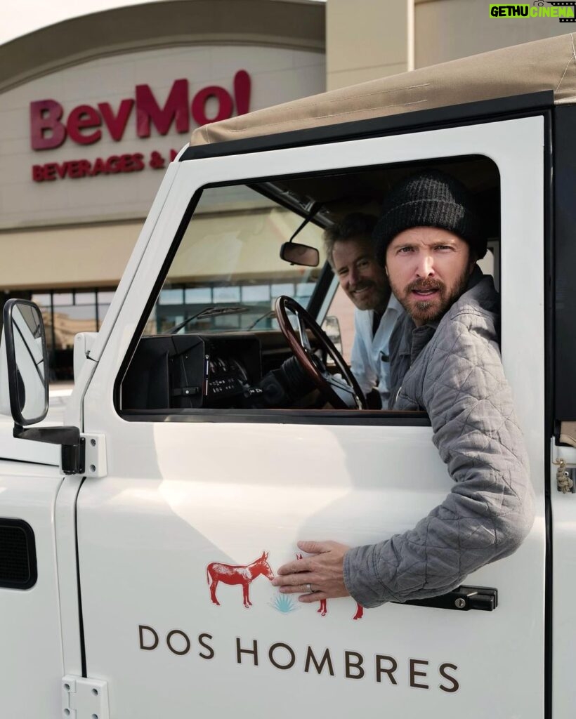 Bryan Cranston Instagram - We’ve been having great fun meeting you this week. Think you can guess which @bevmo_co’s we’ll be signing bottles at tonight? Follow our stories to find out! @doshombres @aaronpaul