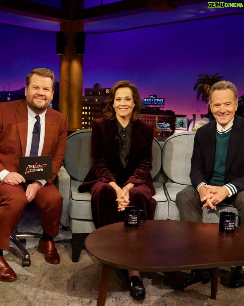 Bryan Cranston Instagram - I think I may have gushed a bit tonight on James Corden’s show when I was sitting next to Sigorney Weaver! Watch us @ 12:37/11:37c on CBS @latelateshow @j_corden #LateLateShow 📸@saramallyphoto
